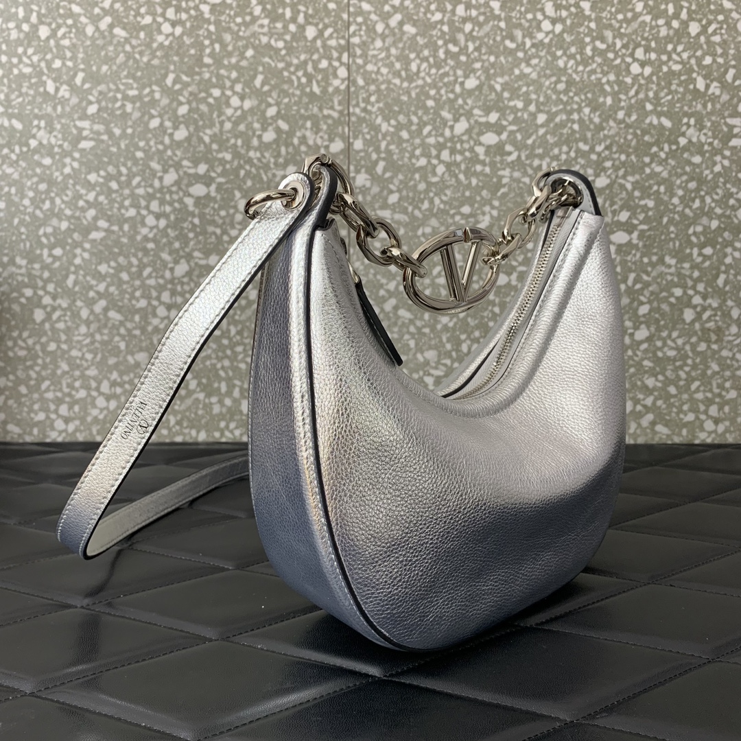 Valentino Garavani VLogo Moon Mini Hobo Bag in Silver Nappa Leather 